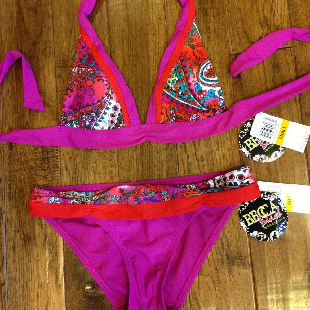 NWT $88 BECCA PINK PAISLEY BIKINI SWIM SMALL TOP & SMALL BOTTOM - Picture 6 of 6